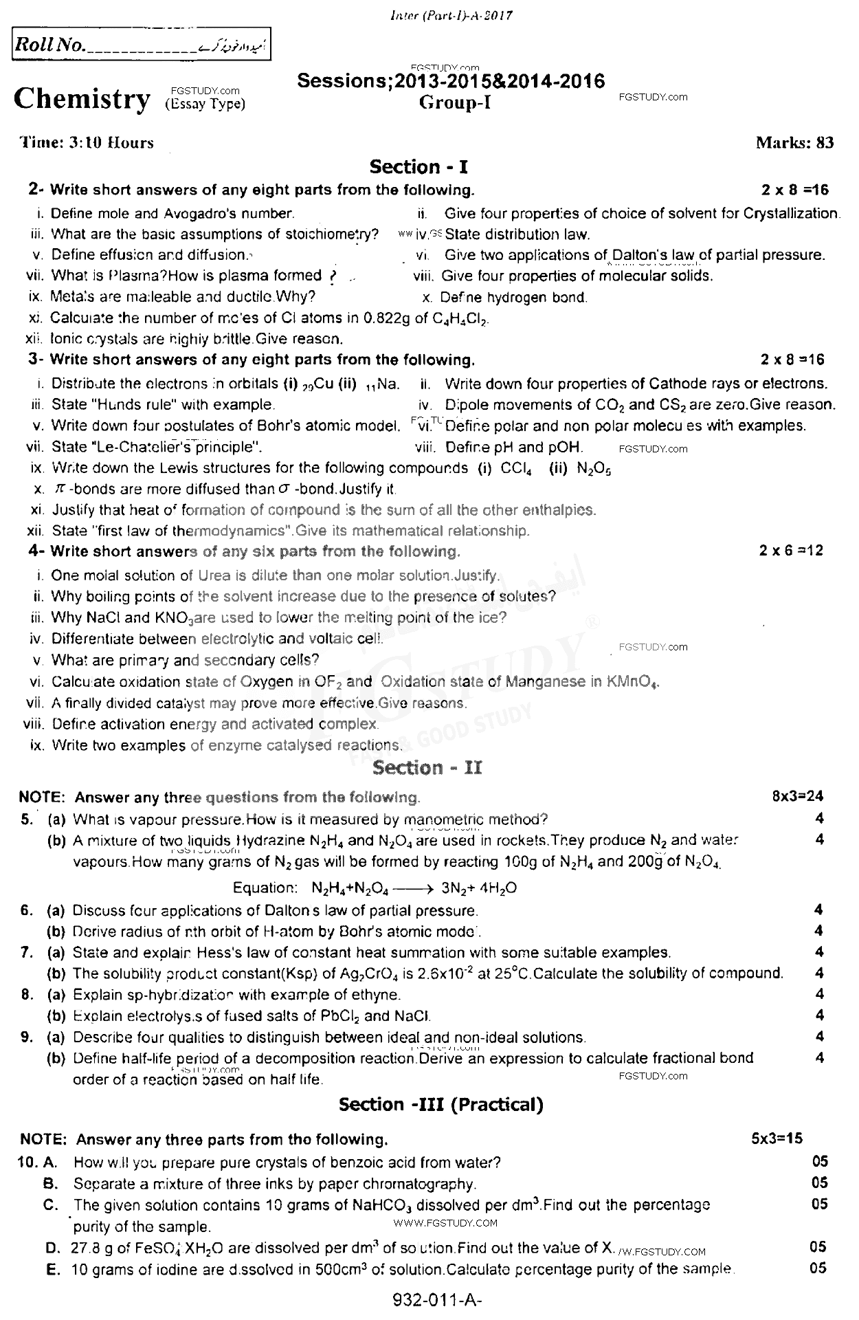 11th Class Chemistry Past Paper 2017 Rawalpindi Board Group 1 Subjective