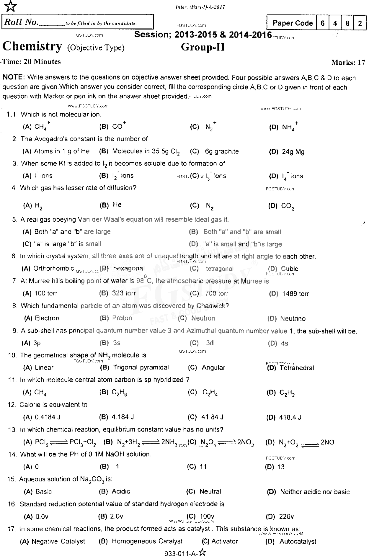 11th Class Chemistry Past Paper 2017 Rawalpindi Board Group 2 Objective