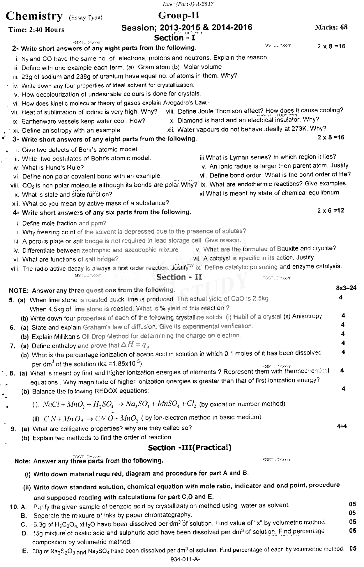 11th Class Chemistry Past Paper 2017 Rawalpindi Board Group 2 Subjective
