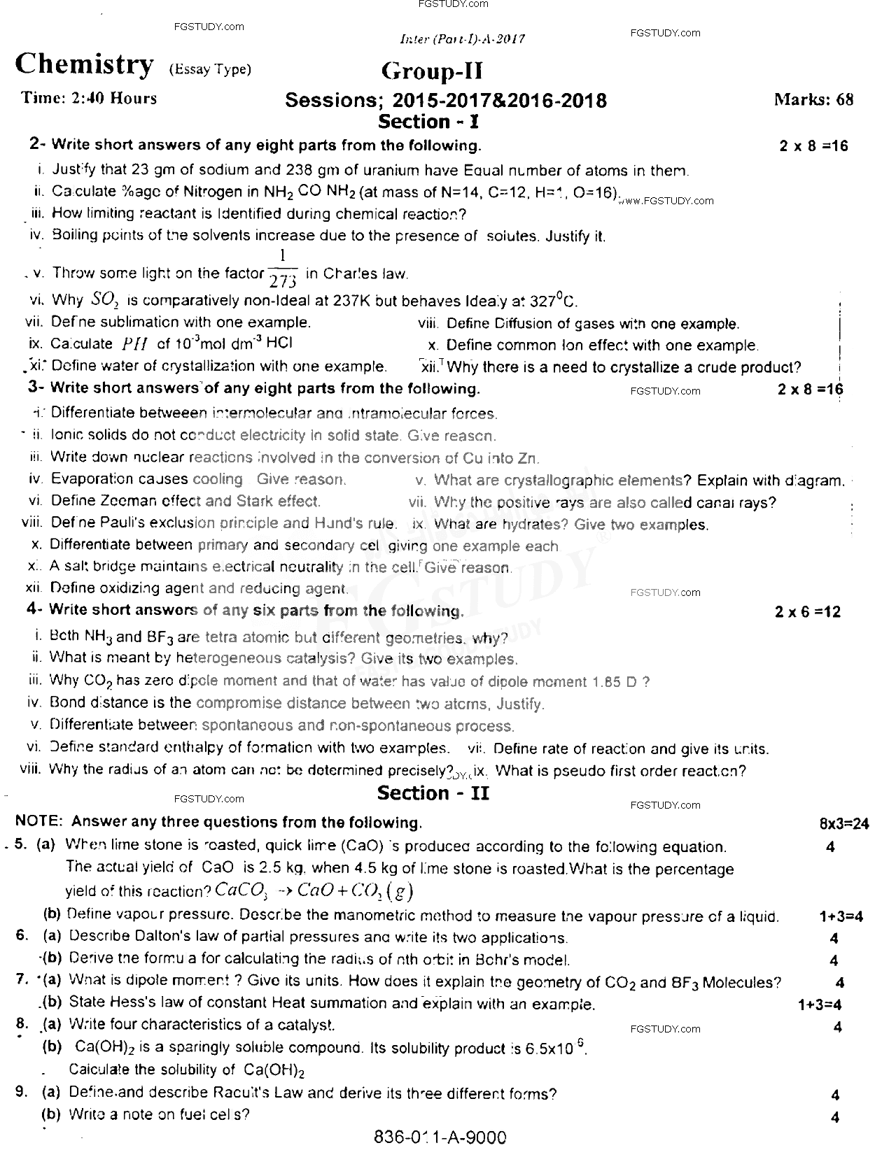 11th Class Chemistry Past Paper 2017 Rawalpindi Board Group 2 Subjective