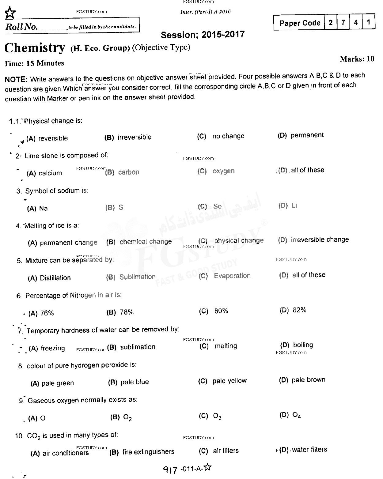 11th Class Chemistry Past Paper 2017 Rawalpindi Board Objective