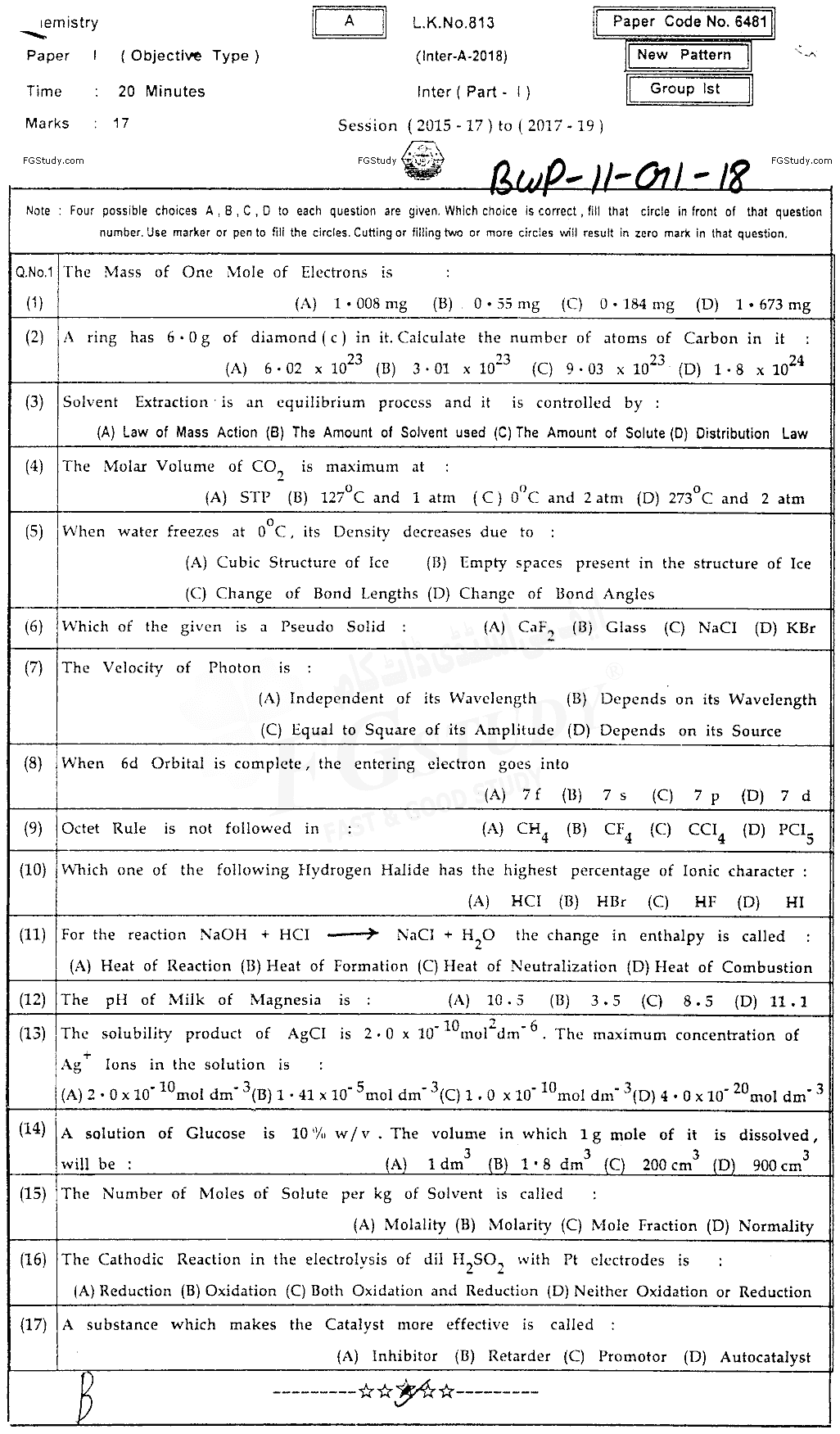 11th Class Chemistry Past Paper 2018 Bahawalpur Board Group 1 Objective