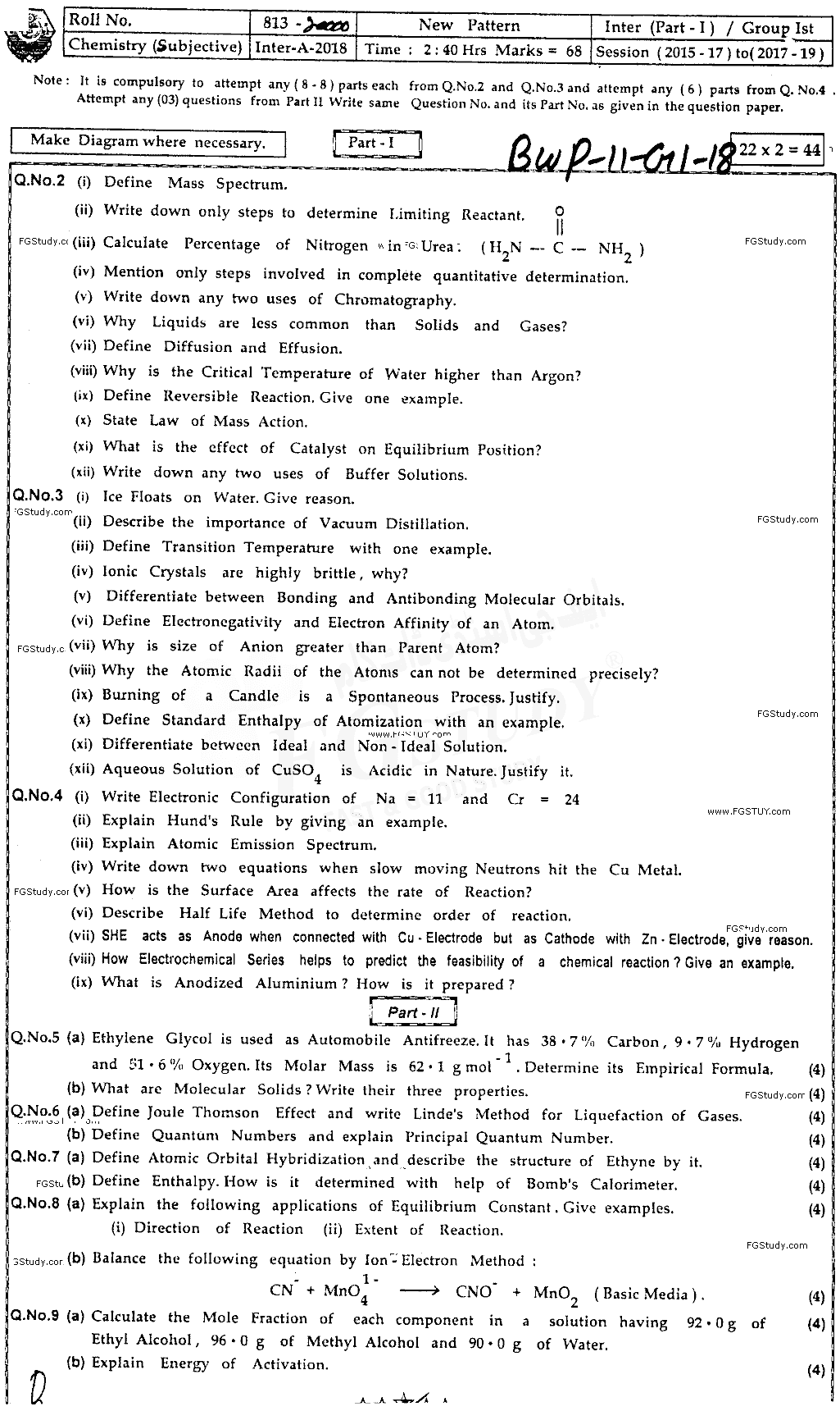 11th Class Chemistry Past Paper 2018 Bahawalpur Board Group 1 Subjective
