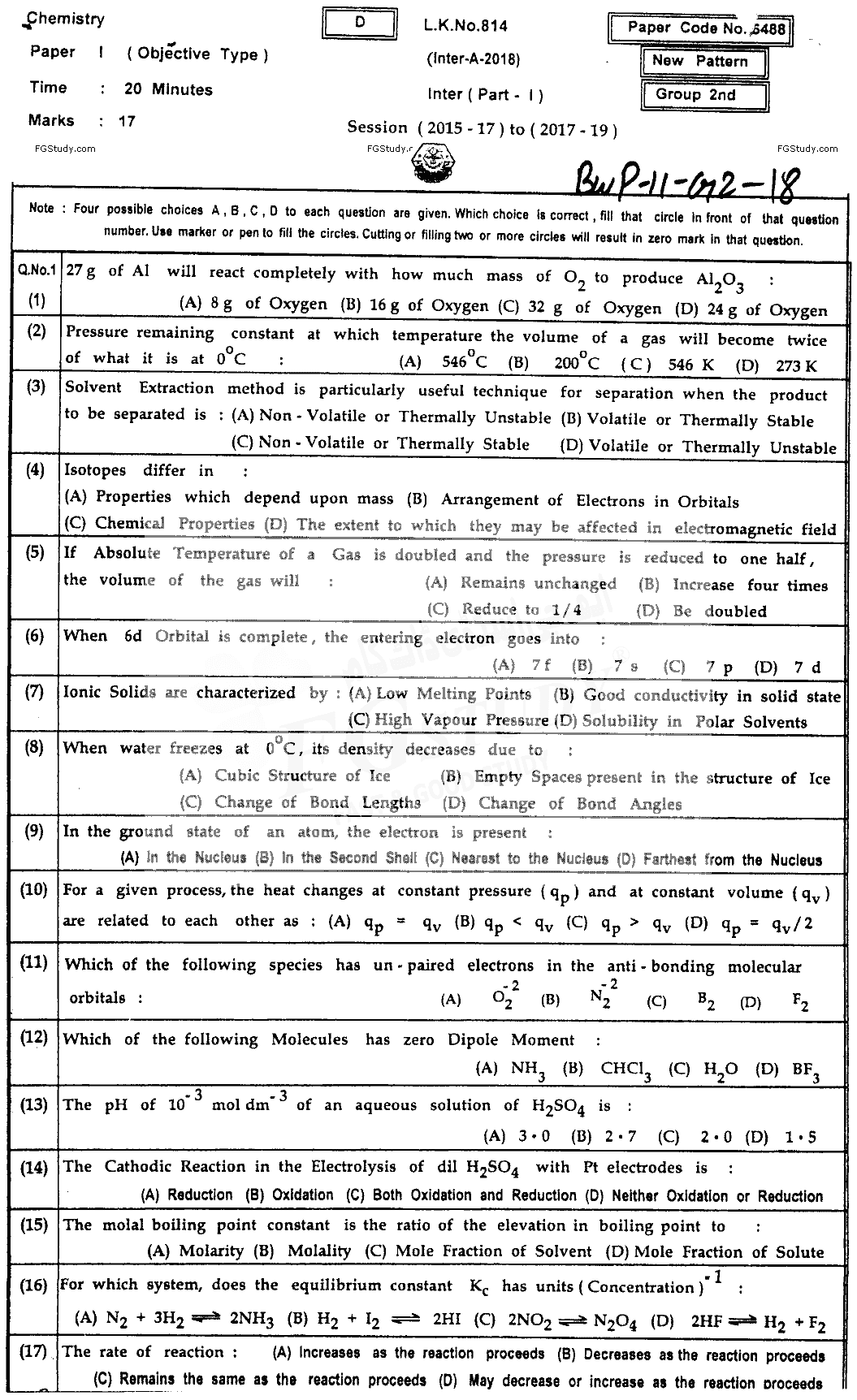 11th Class Chemistry Past Paper 2018 Bahawalpur Board Group 2 Objective