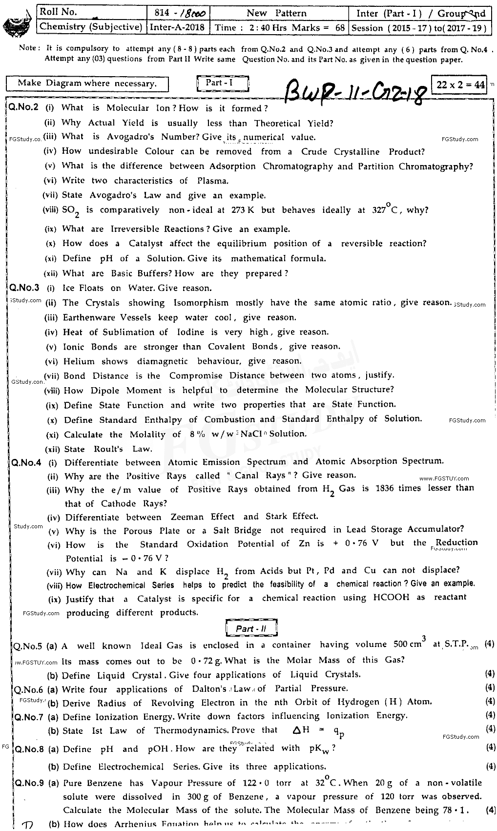 11th Class Chemistry Past Paper 2018 Bahawalpur Board Group 2 Subjective
