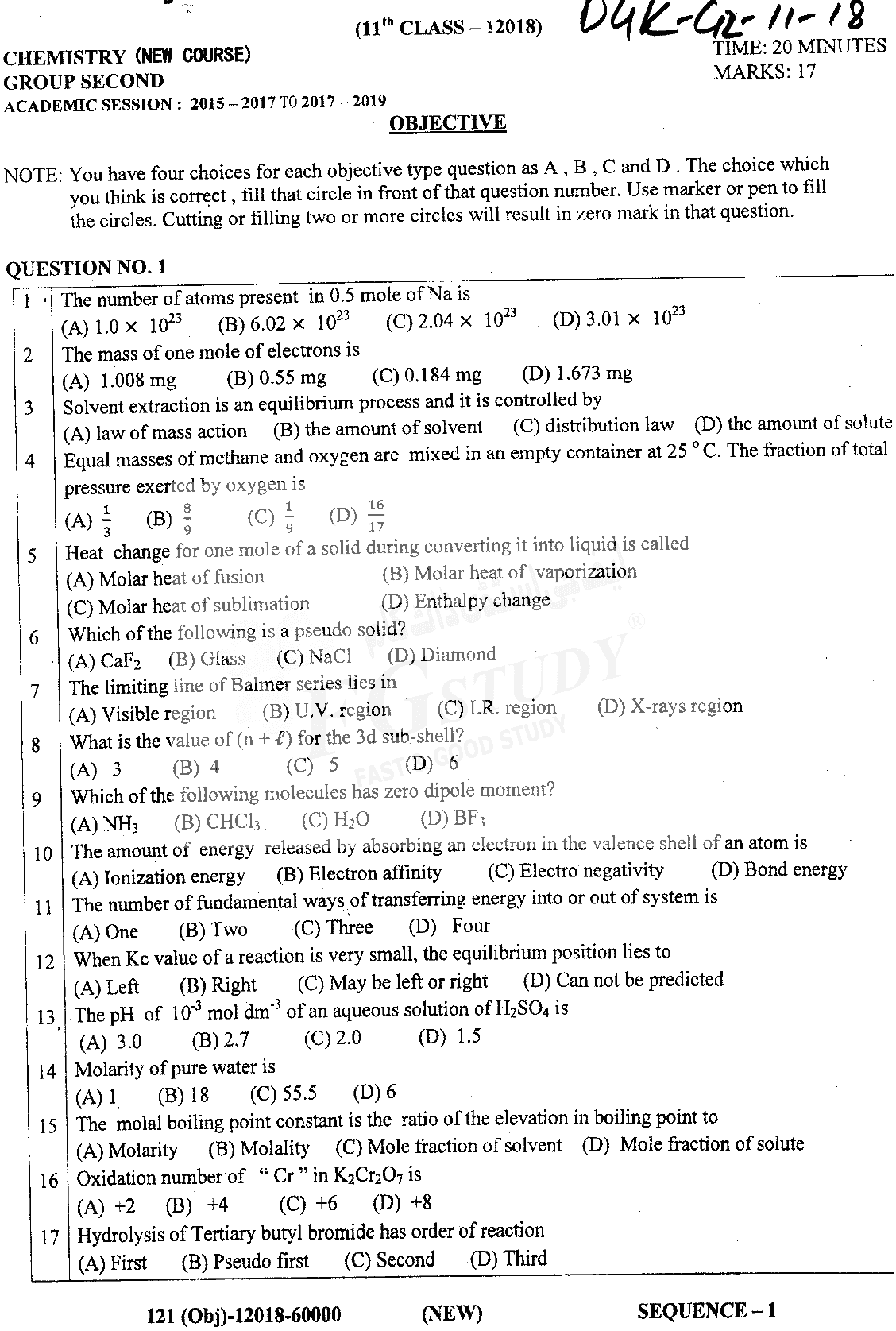 11th Class Chemistry Past Paper 2018 Dg Khan Board Group 2 Objective