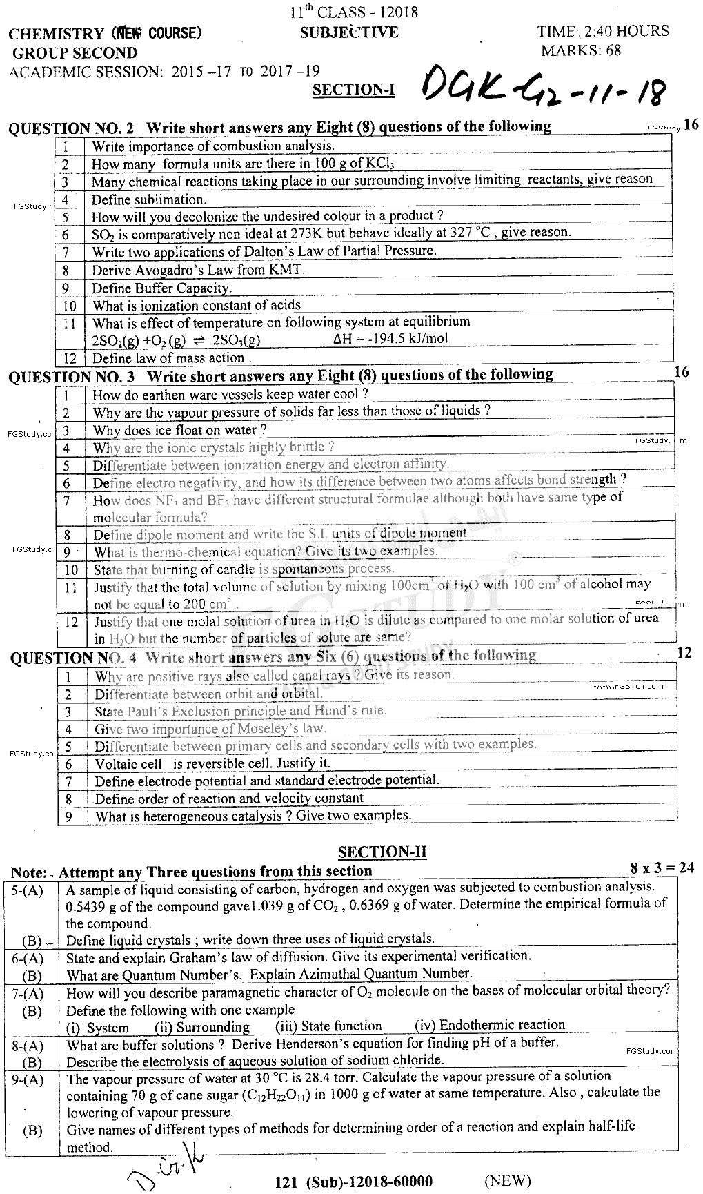 11th Class Chemistry Past Paper 2018 Dg Khan Board Group 2 Subjective
