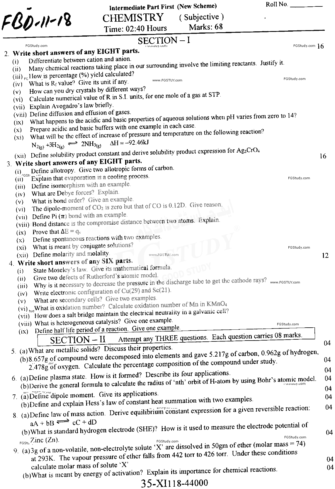 11th Class Chemistry Past Paper 2018 Faisalabad Board Subjective