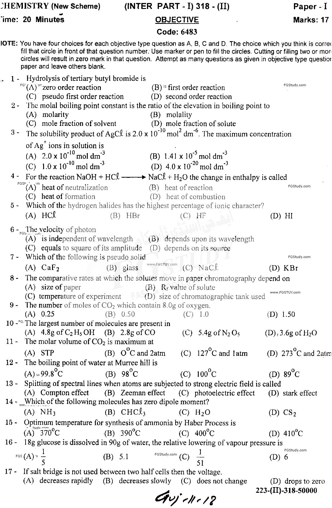 11th Class Chemistry Past Paper 2018 Gujranwala Board Objective