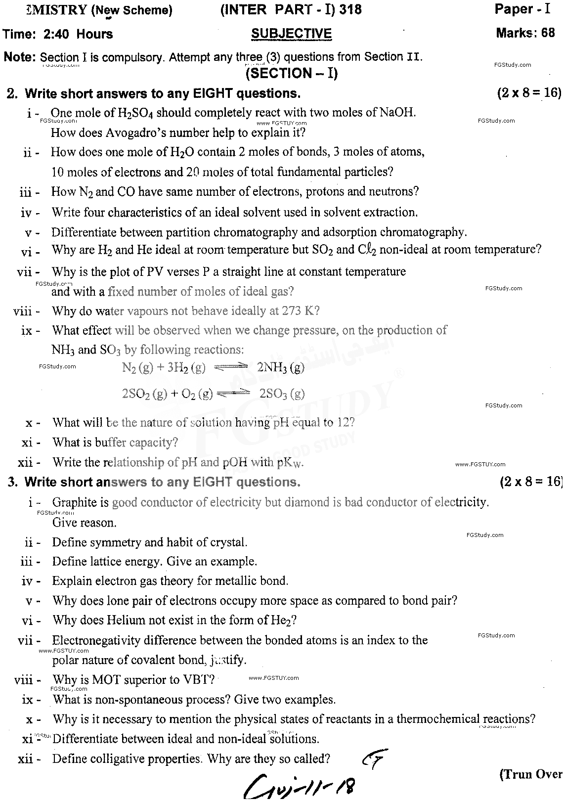 11th Class Chemistry Past Paper 2018 Gujranwala Board Subjective