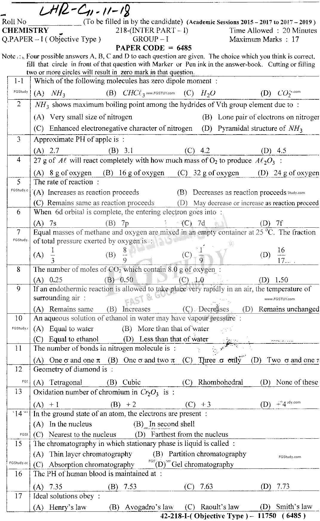 11th Class Chemistry Past Paper 2018 Lahore Board Group 1 Objective