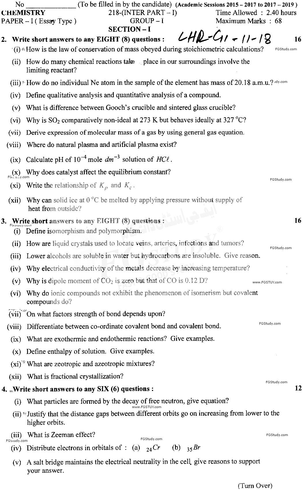 11th Class Chemistry Past Paper 2018 Lahore Board Group 1 Subjective
