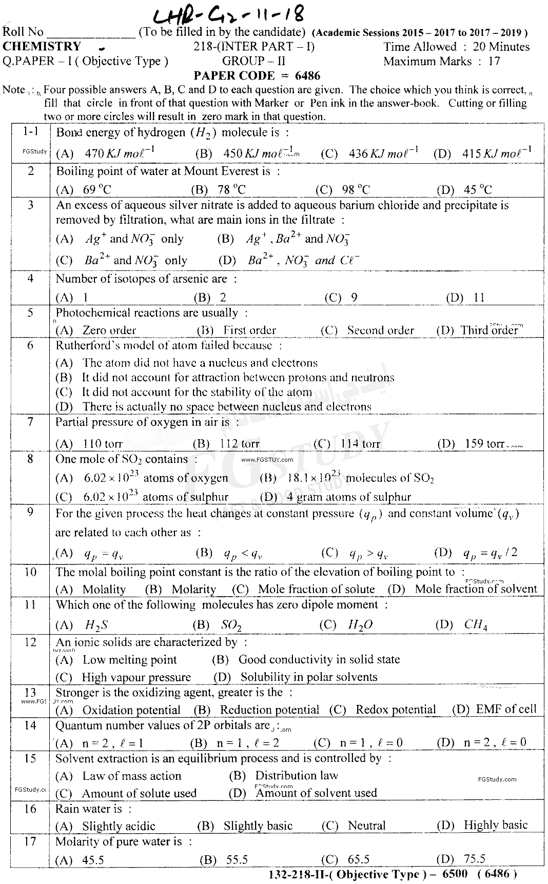 11th Class Chemistry Past Paper 2018 Lahore Board Group 2 Objective