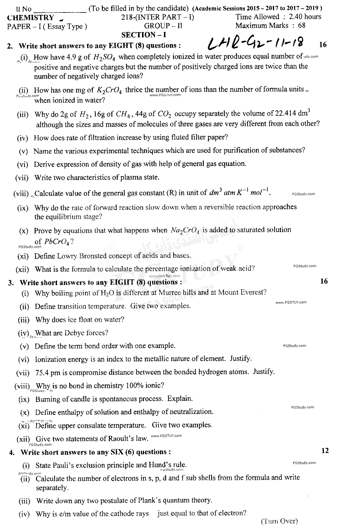 11th Class Chemistry Past Paper 2018 Lahore Board Group 2 Subjective