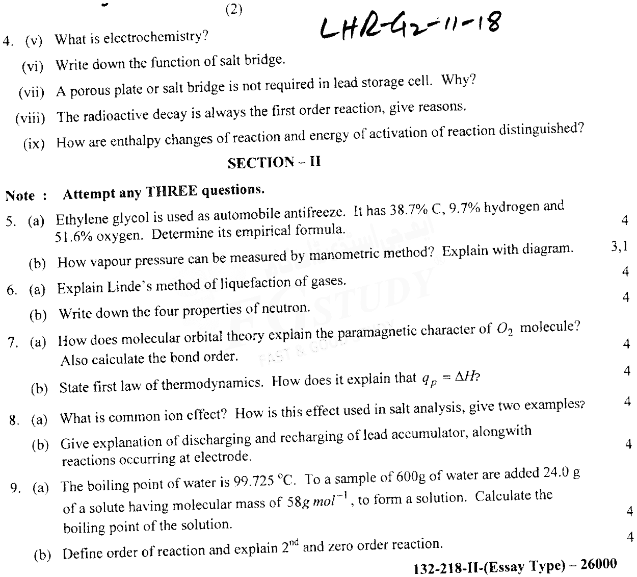 11th Class Chemistry Past Paper 2018 Lahore Board Group 2 Subjective