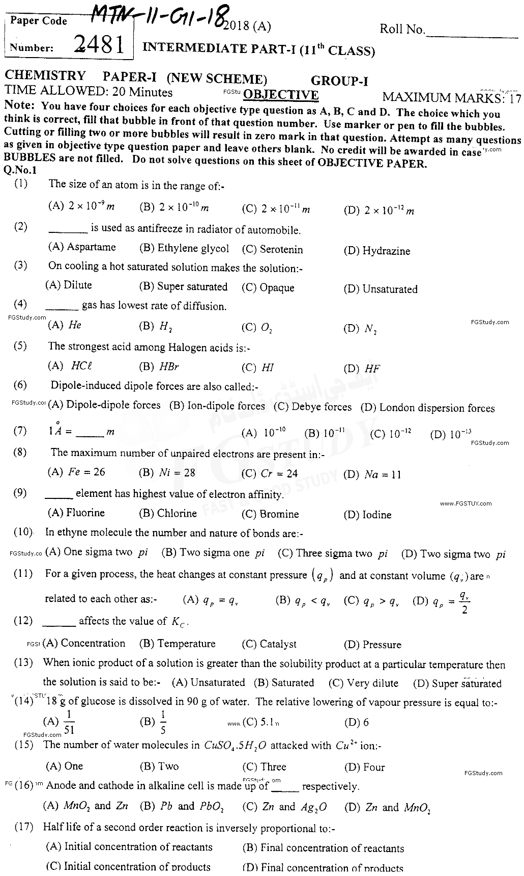 11th Class Chemistry Past Paper 2018 Multan Board Group 1 Objective