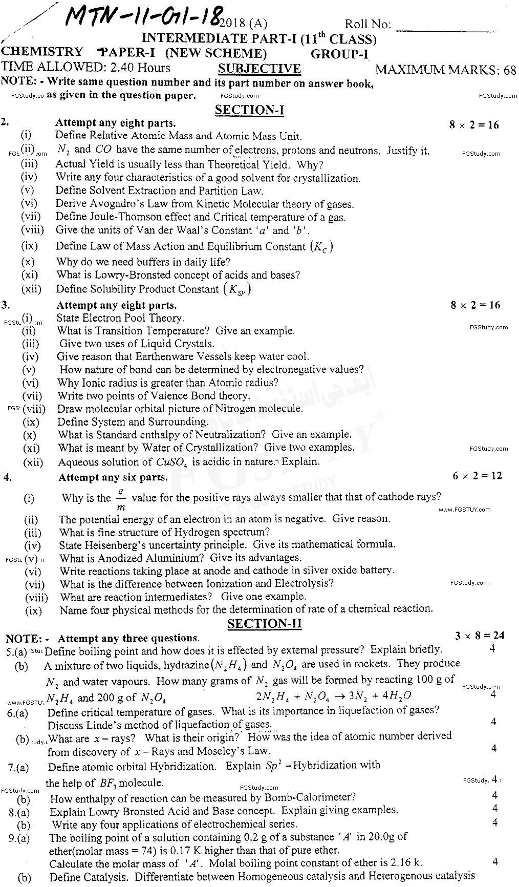 11th Class Chemistry Past Paper 2018 Multan Board Group 1 Subjective