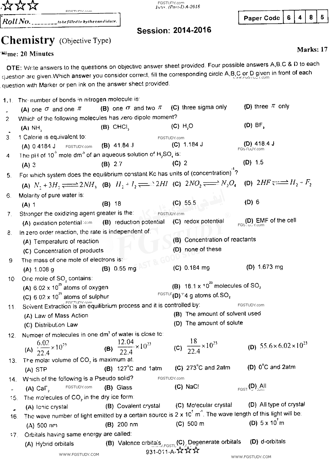 11th Class Chemistry Past Paper 2018 Rawalpindi Board Objective