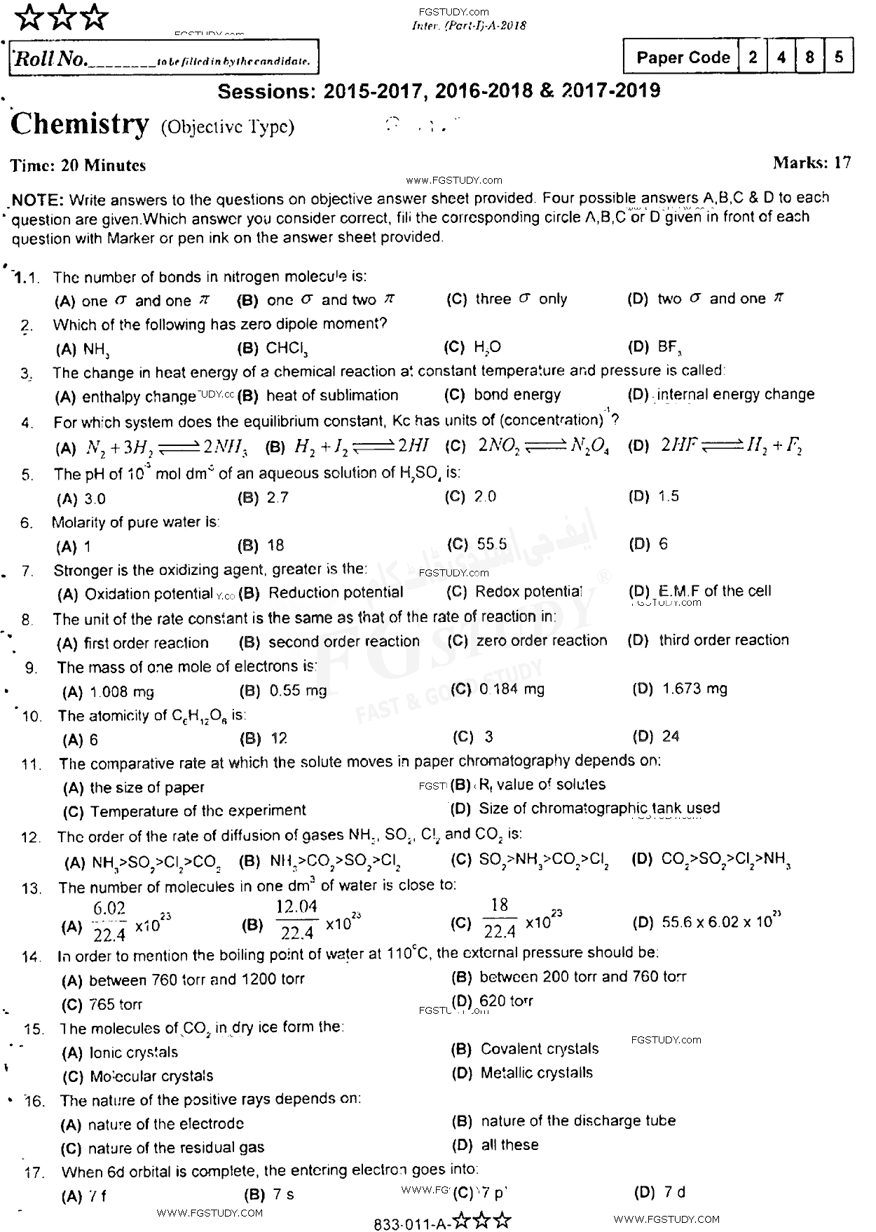 11th Class Chemistry Past Paper 2018 Rawalpindi Board Objective
