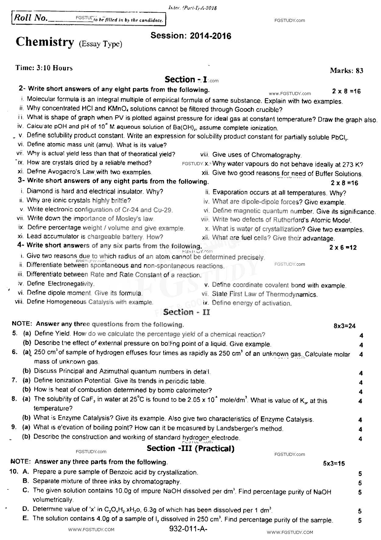 11th Class Chemistry Past Paper 2018 Rawalpindi Board Subjective