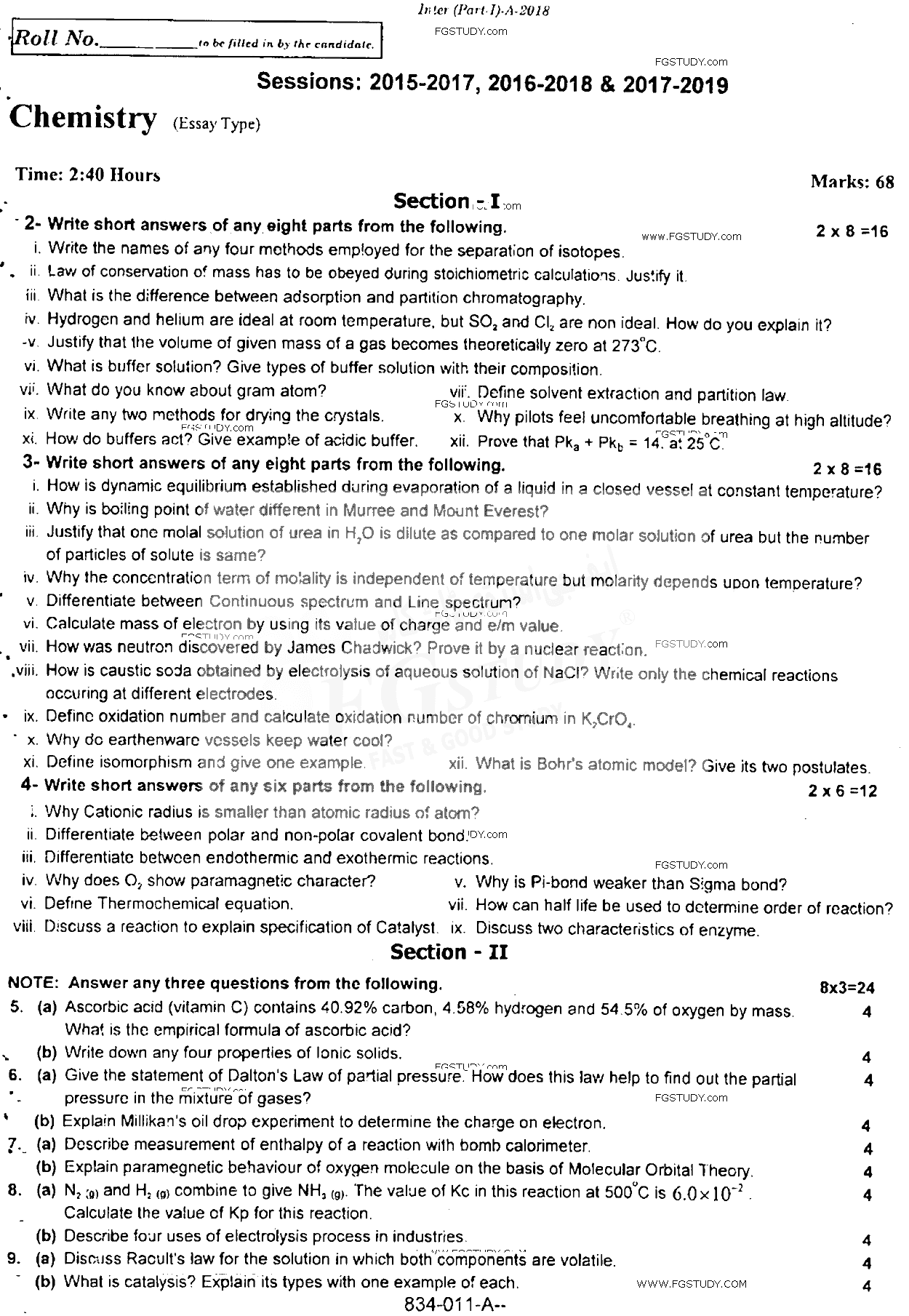 11th Class Chemistry Past Paper 2018 Rawalpindi Board Subjective