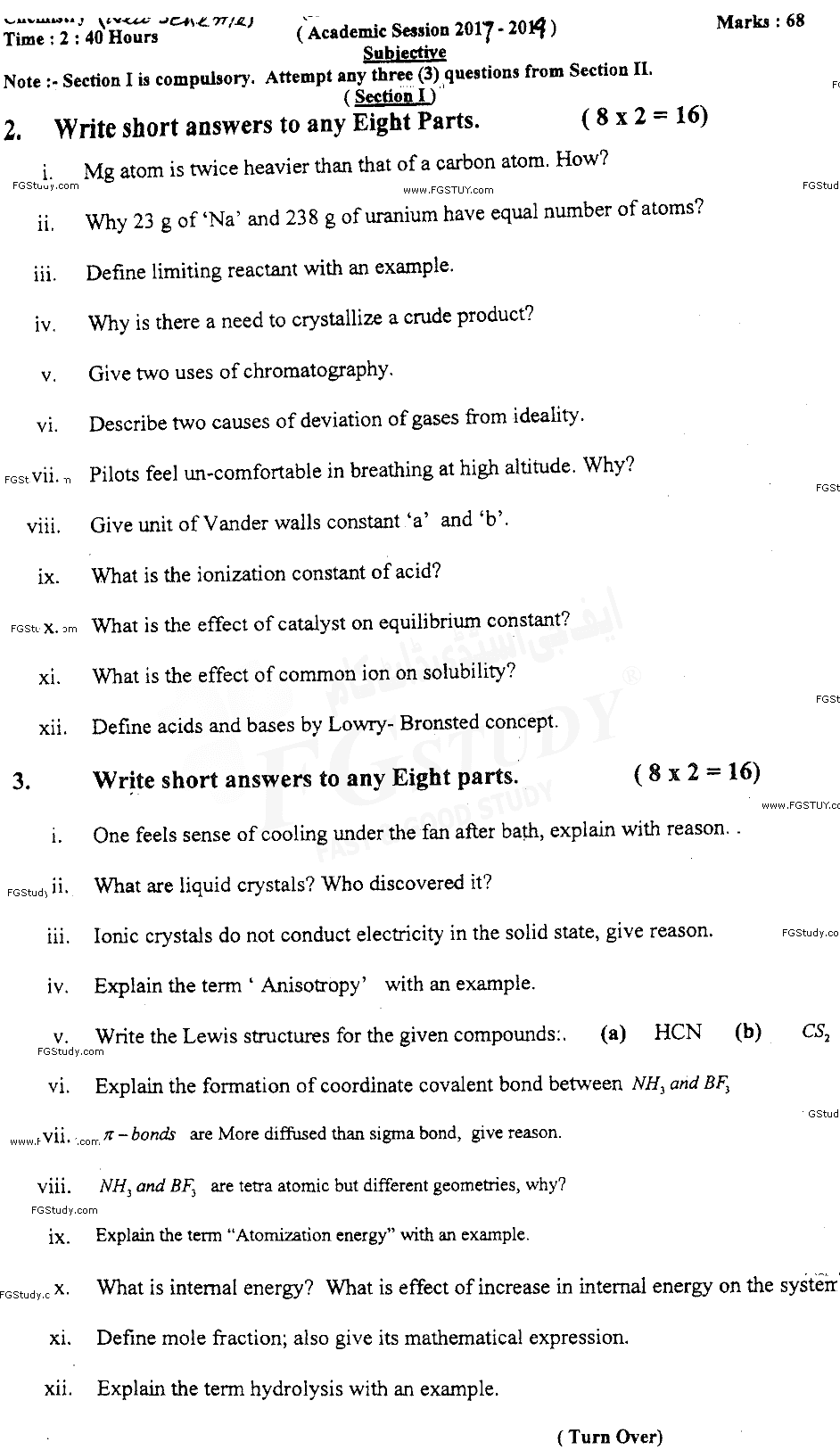11th Class Chemistry Past Paper 2018 Sahiwal Board Subjective