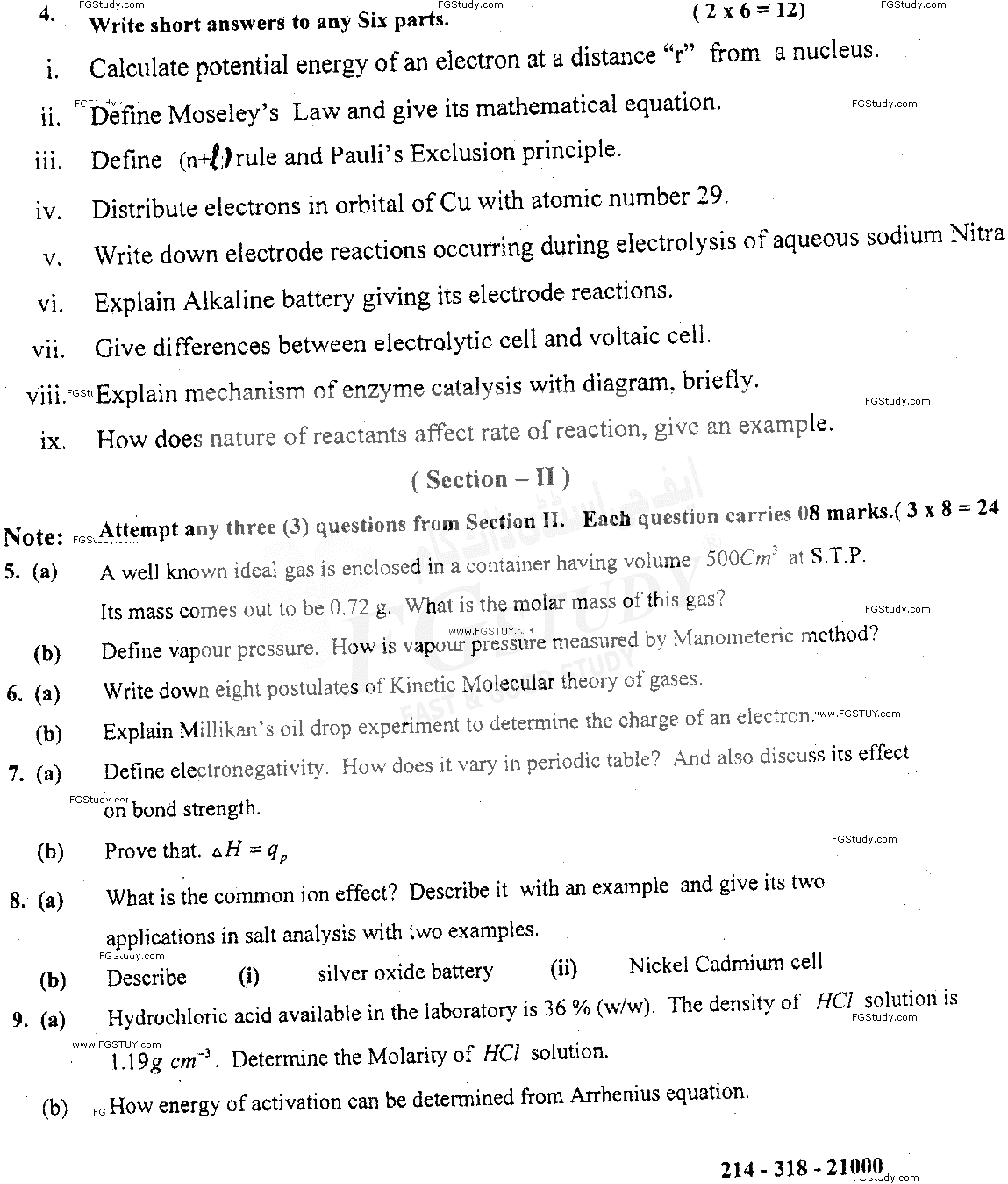 11th Class Chemistry Past Paper 2018 Sahiwal Board Subjective
