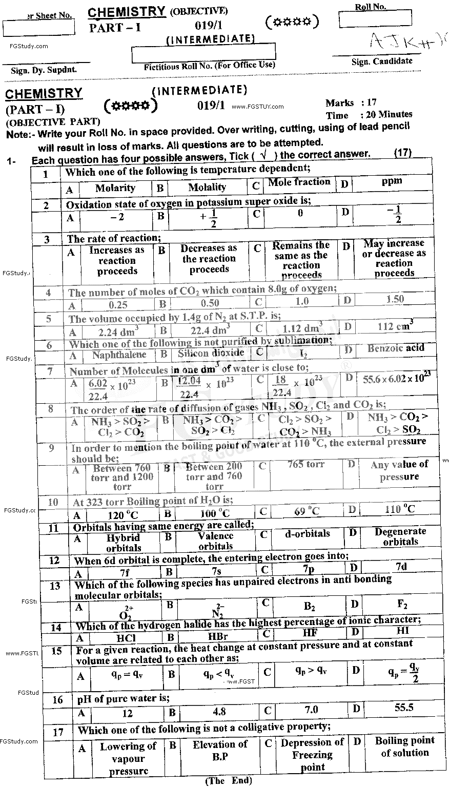 11th Class Chemistry Past Paper 2019 Ajk Board Objective