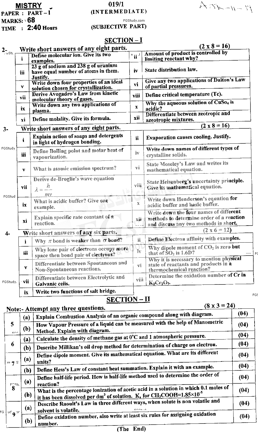 11th Class Chemistry Past Paper 2019 Ajk Board Subjective