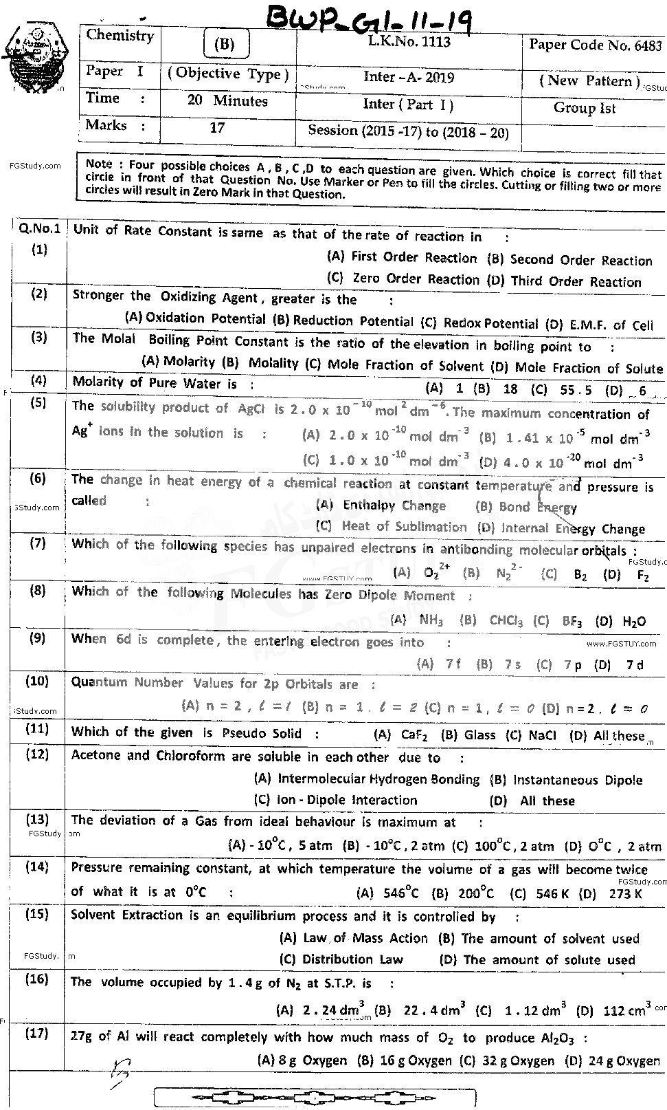 11th Class Chemistry Past Paper 2019 Bahawalpur Board Group 1 Objective