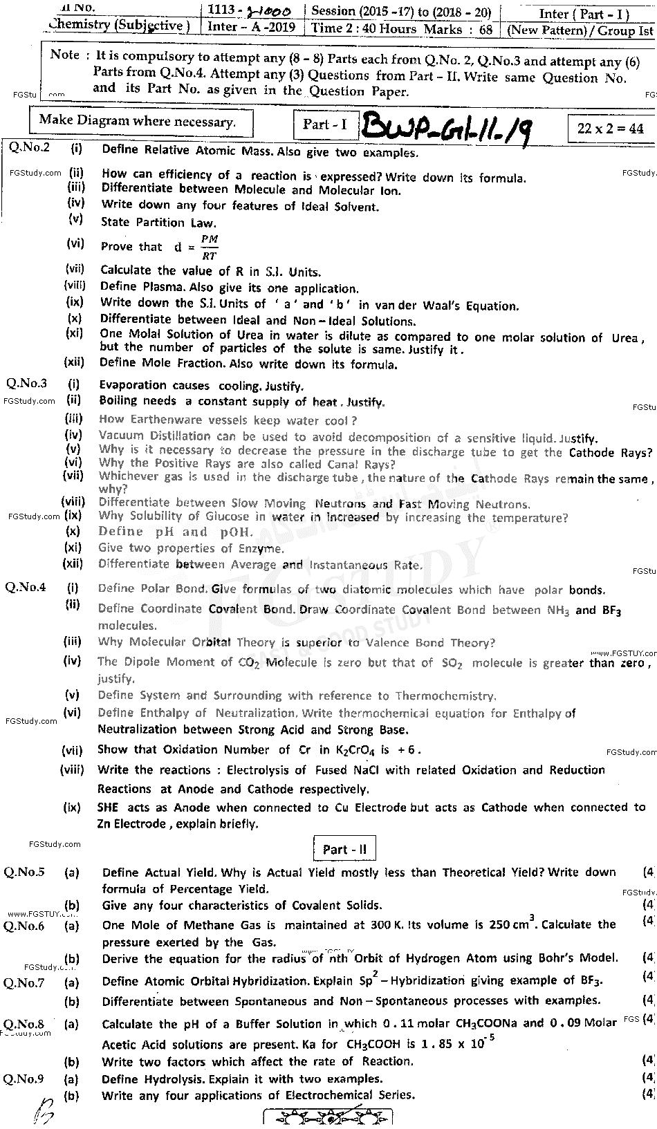 11th Class Chemistry Past Paper 2019 Bahawalpur Board Group 1 Subjective