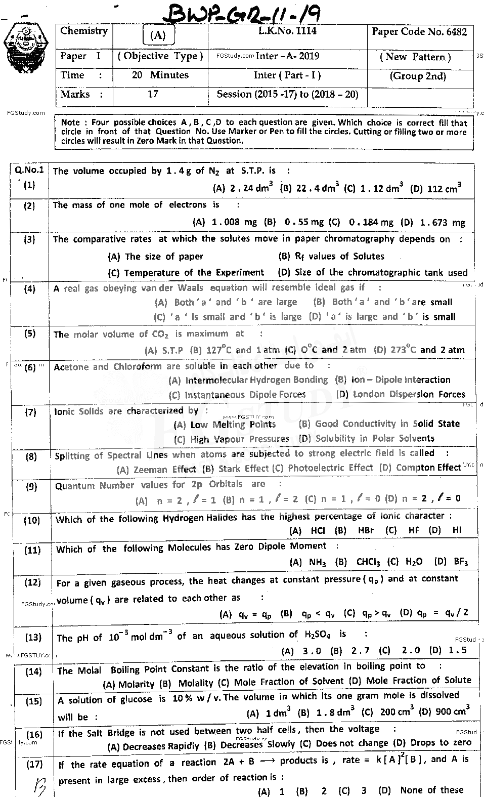 11th Class Chemistry Past Paper 2019 Bahawalpur Board Group 2 Objective