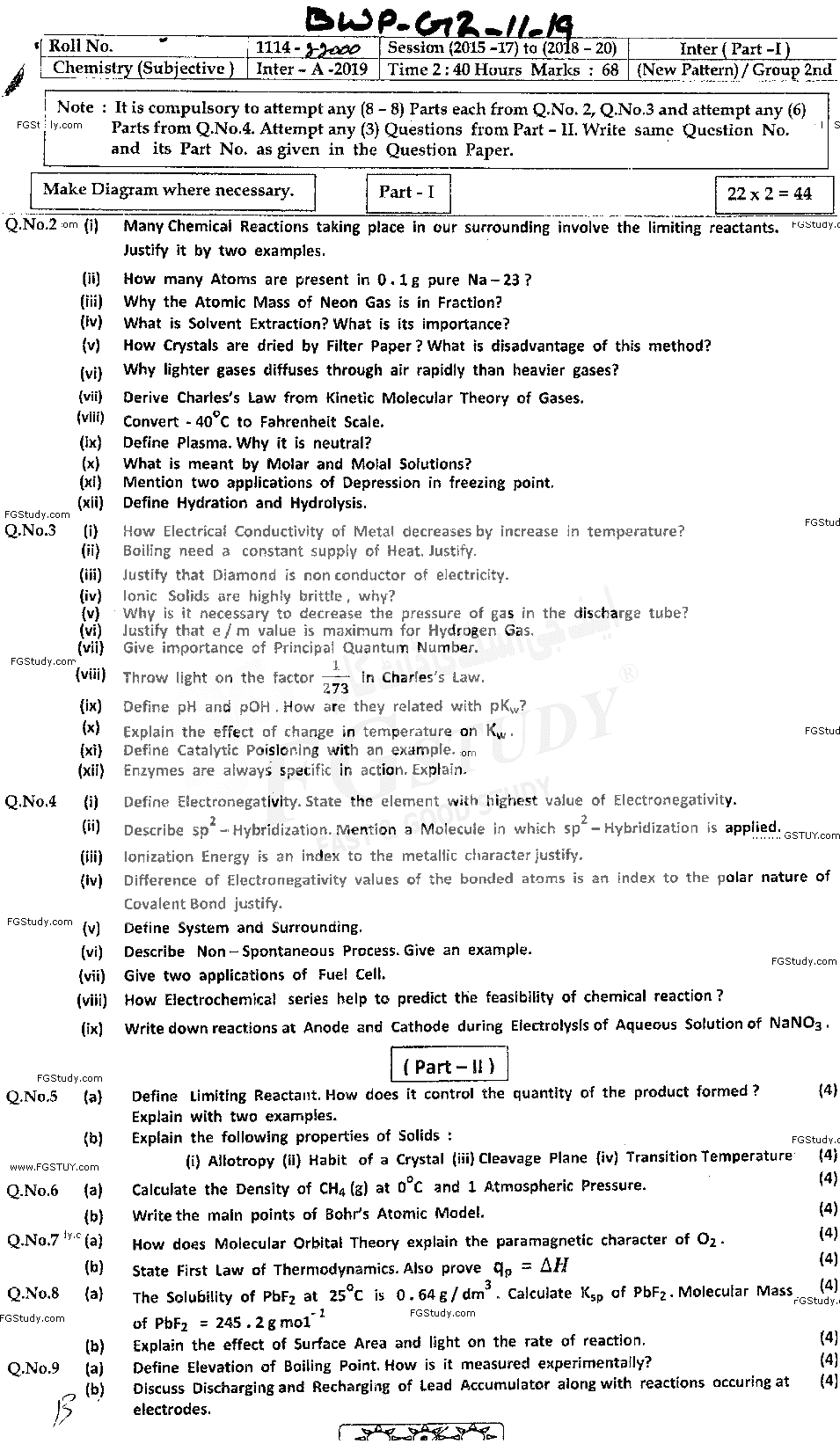 11th Class Chemistry Past Paper 2019 Bahawalpur Board Group 2 Subjective