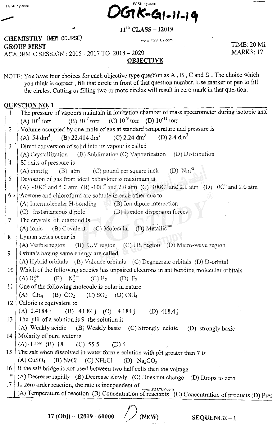 11th Class Chemistry Past Paper 2019 Dg Khan Board Group 1 Objective