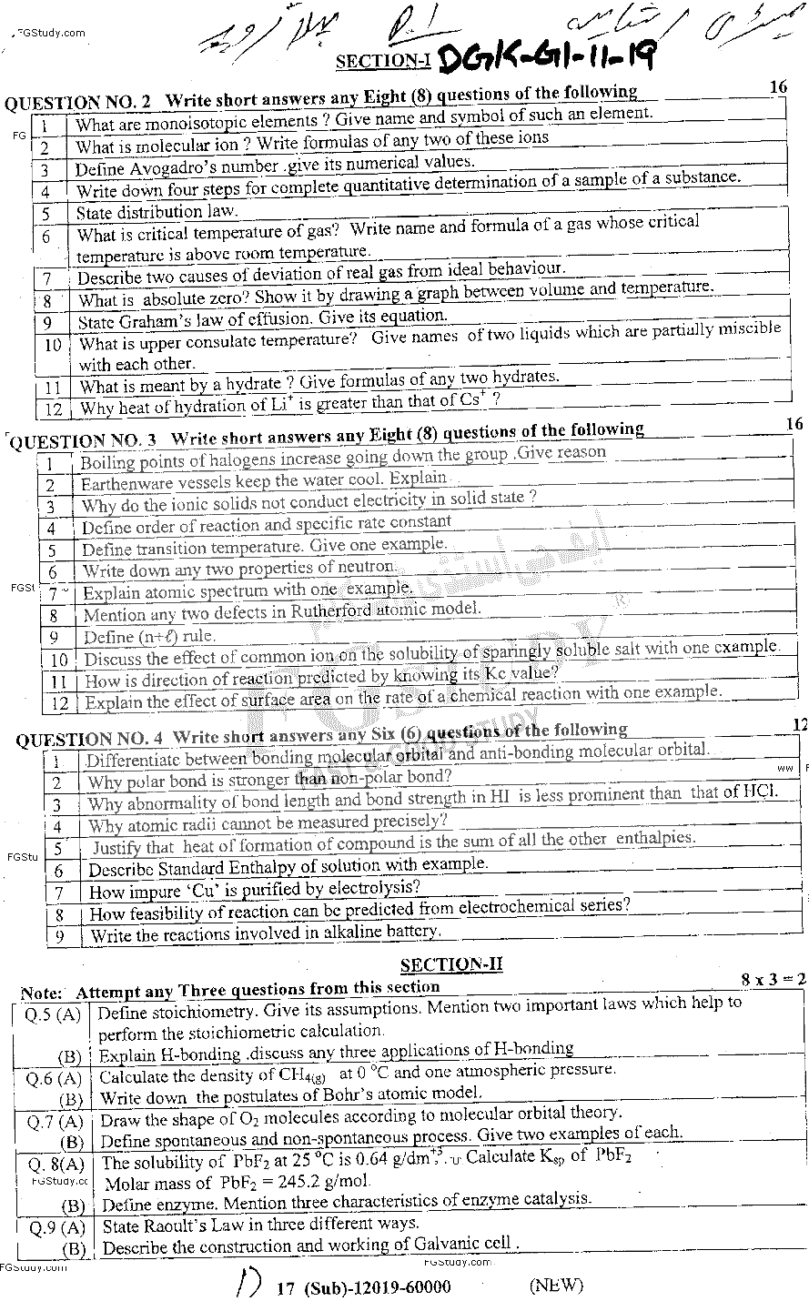 11th Class Chemistry Past Paper 2019 Dg Khan Board Group 1 Subjective
