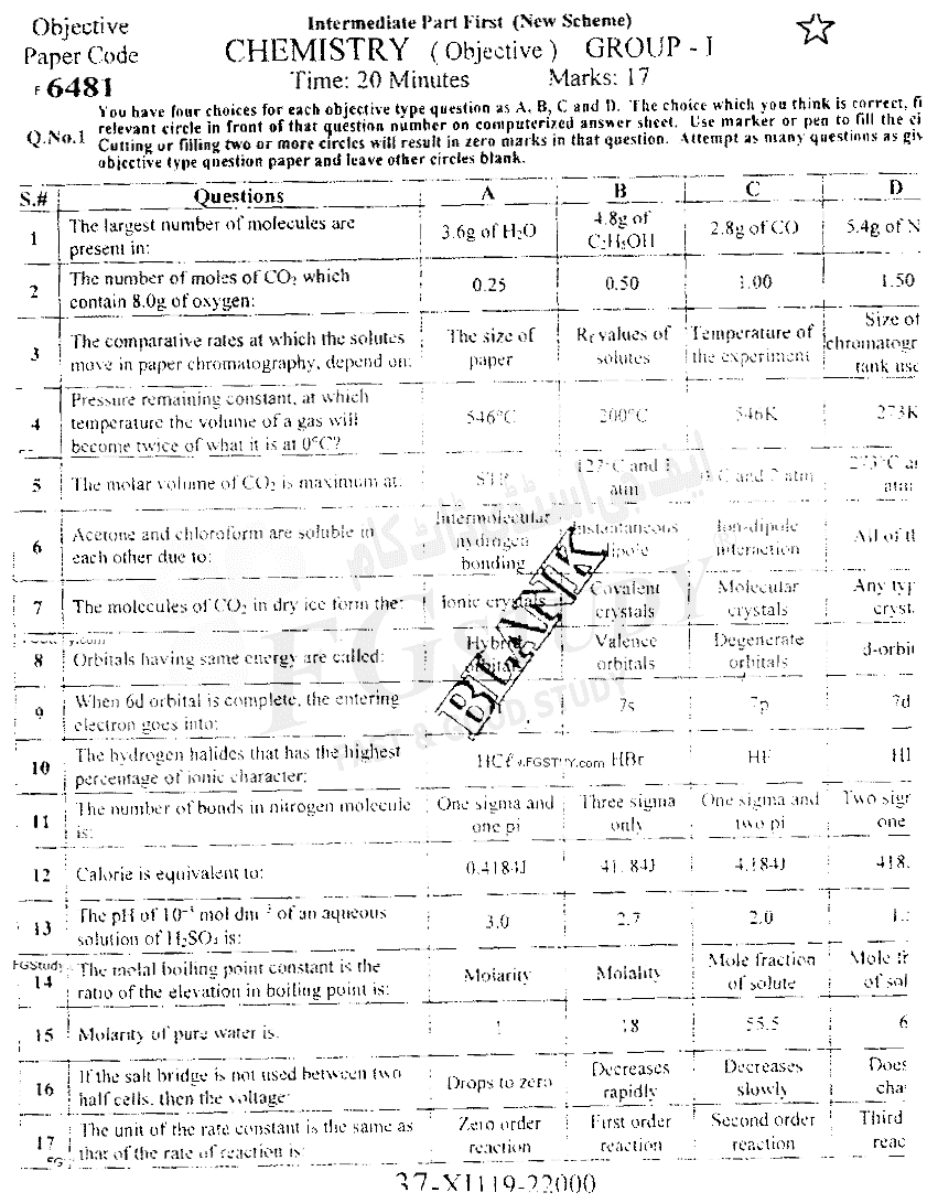 11th Class Chemistry Past Paper 2019 Faisalabad Board Group 1 Objective