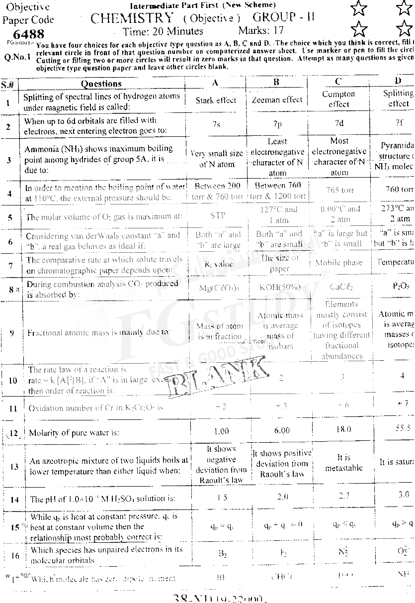 11th Class Chemistry Past Paper 2019 Faisalabad Board Group 2 Objective