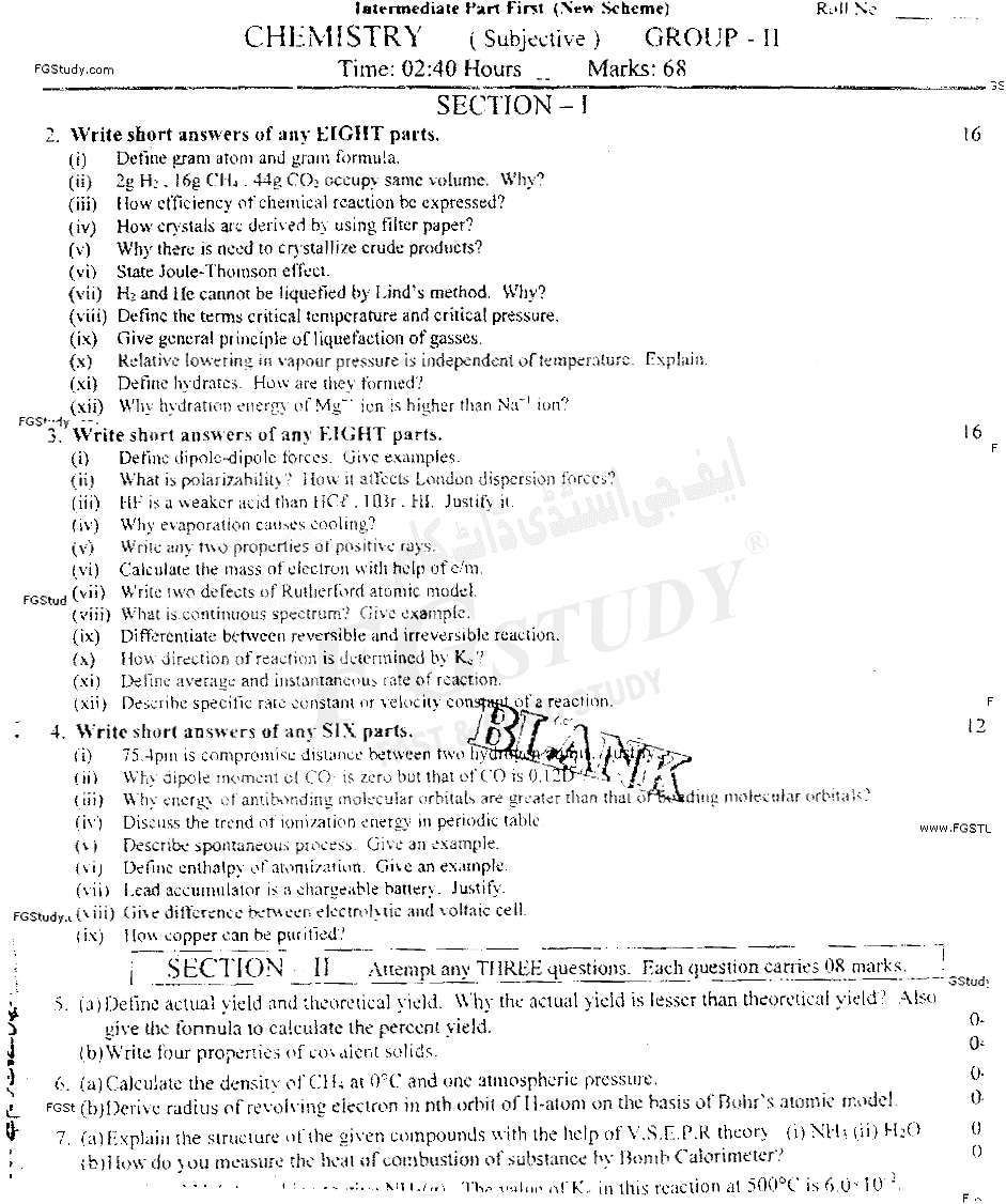 11th Class Chemistry Past Paper 2019 Faisalabad Board Group 2 Subjective