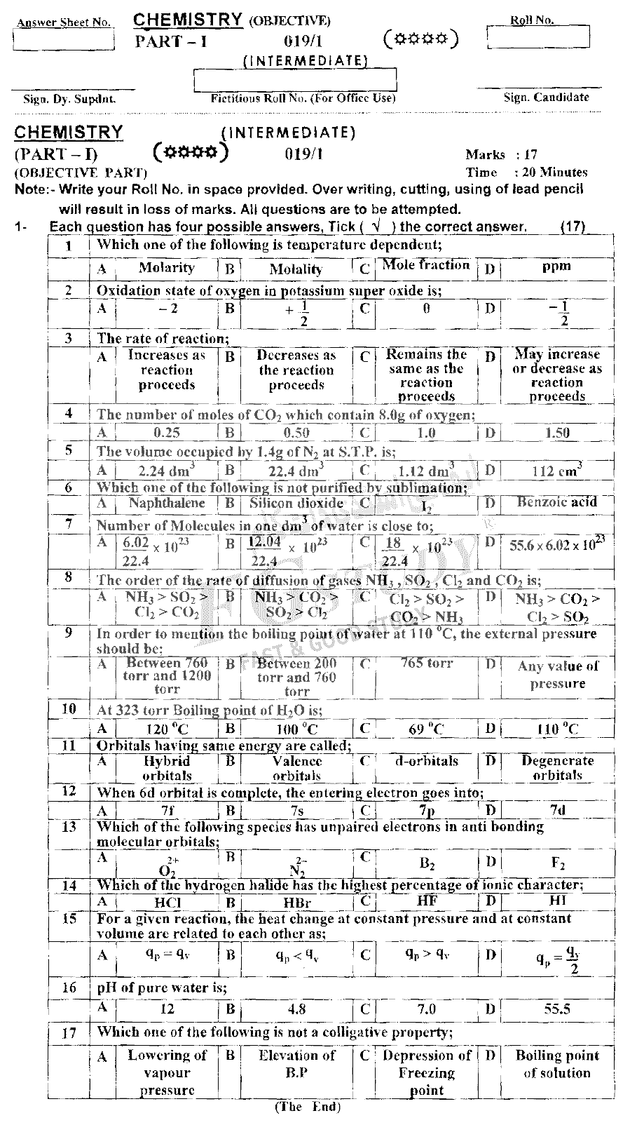 11th Class Chemistry Past Paper 2019 Ajk Board Group 1 Objective