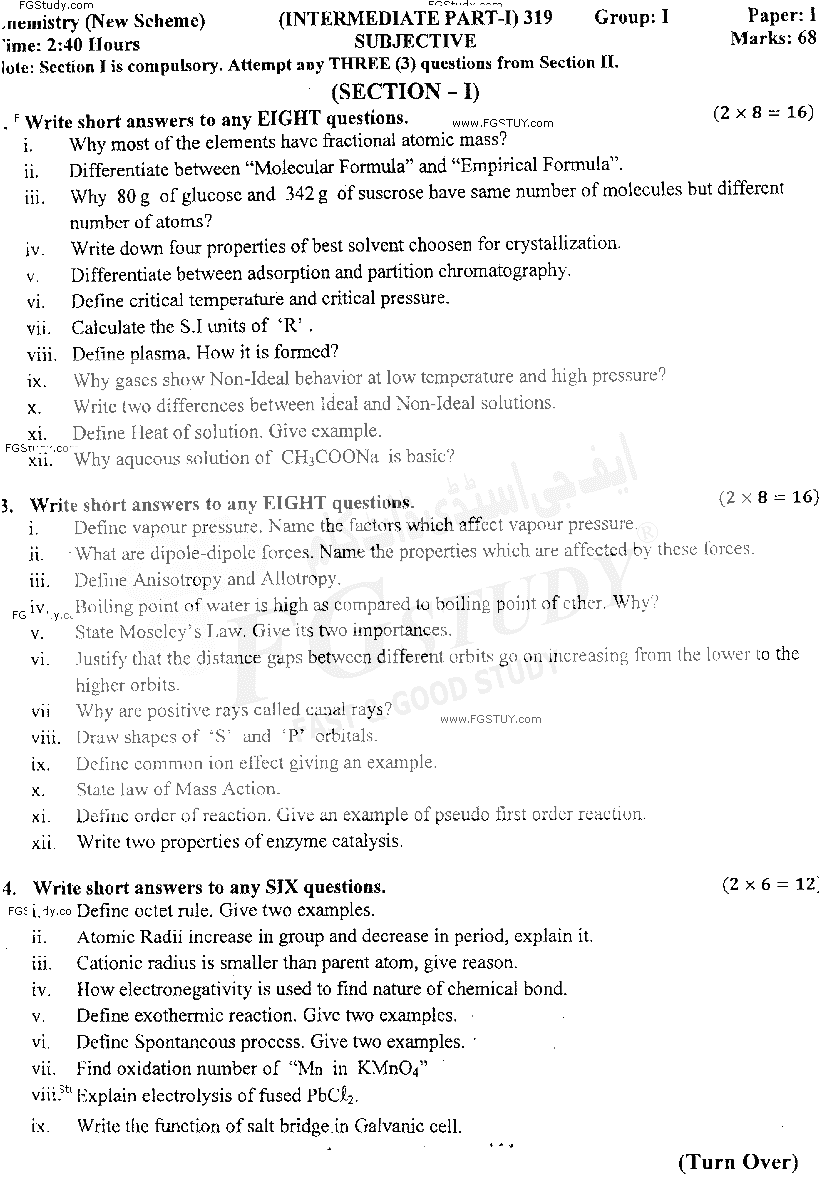 11th Class Chemistry Past Paper 2019 Gujranwala Board Group 1 Subjective