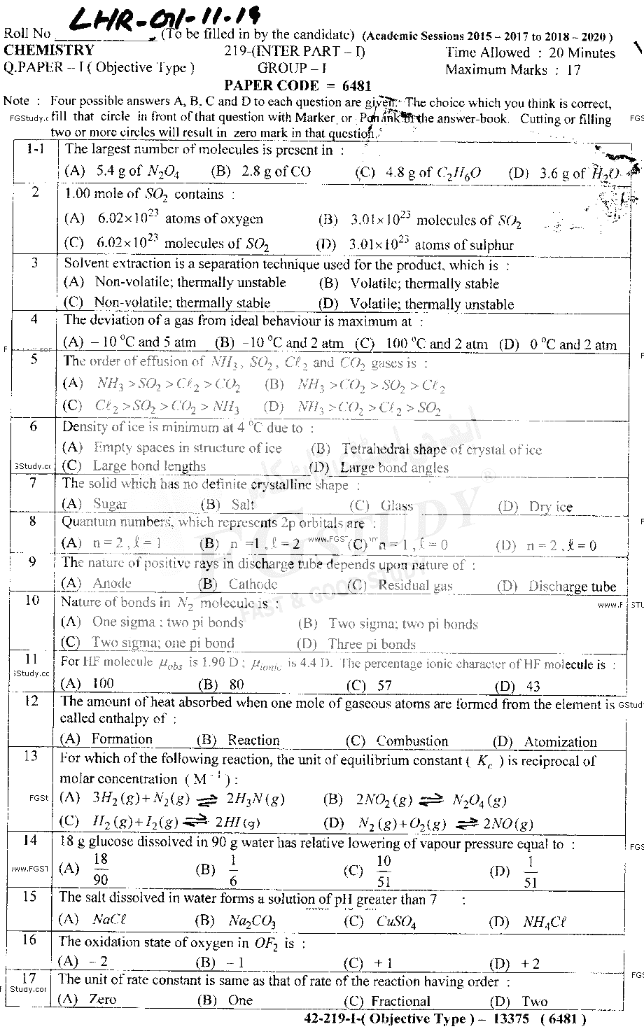 11th Class Chemistry Past Paper 2019 Lahore Board Group 1 Objective