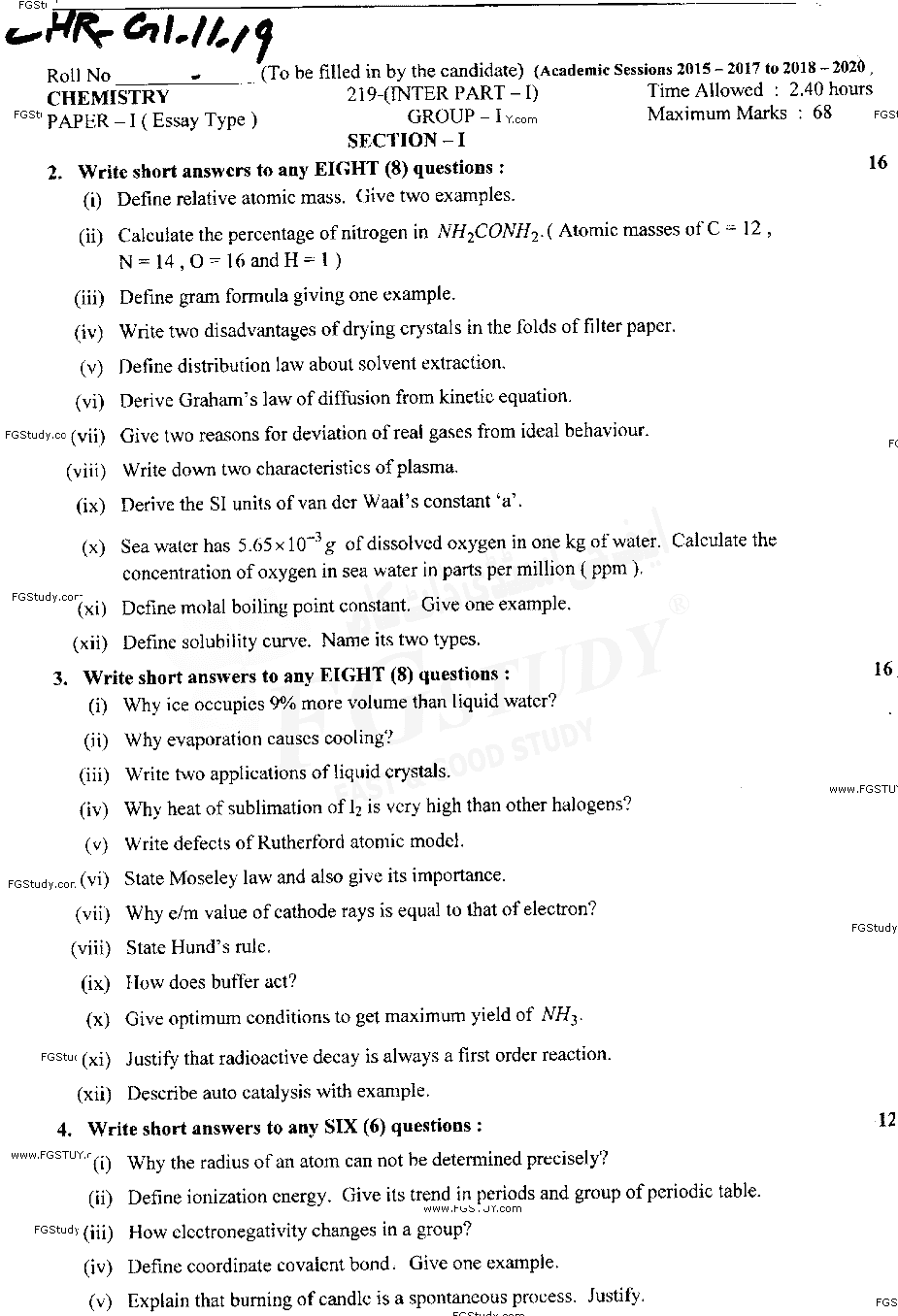 11th Class Chemistry Past Paper 2019 Lahore Board Group 1 Subjective
