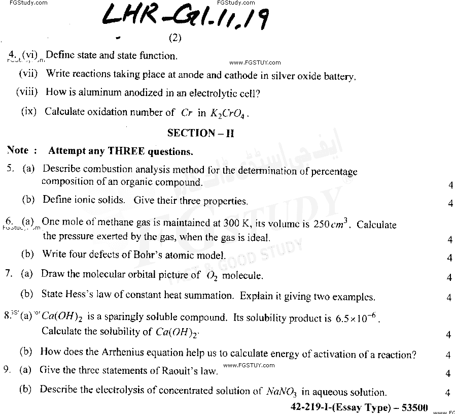 11th Class Chemistry Past Paper 2019 Lahore Board Group 1 Subjective