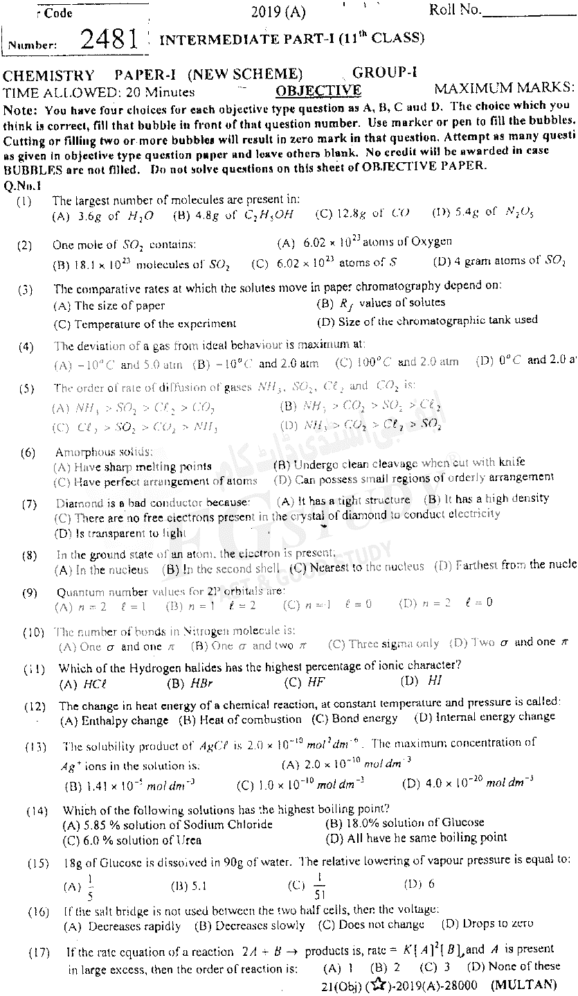 11th Class Chemistry Past Paper 2019 Multan Board Group 1 Objective