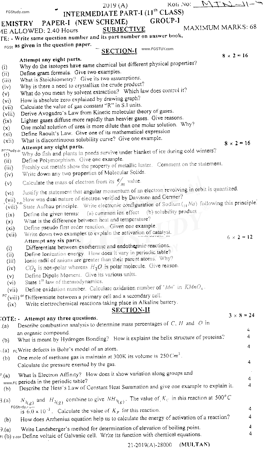 11th Class Chemistry Past Paper 2019 Multan Board Group 1 Subjective