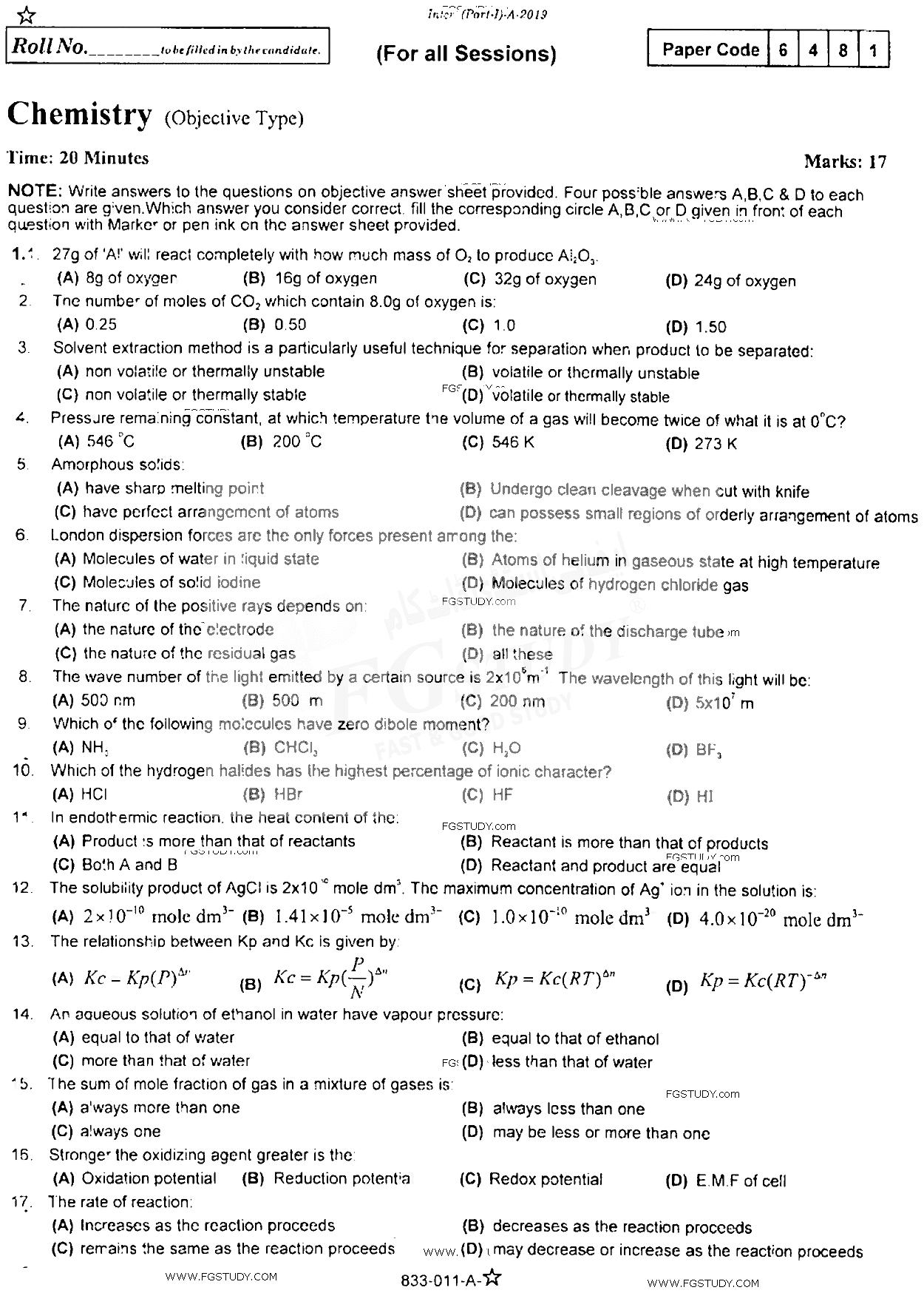 11th Class Chemistry Past Paper 2019 Rawalpindi Board Objective