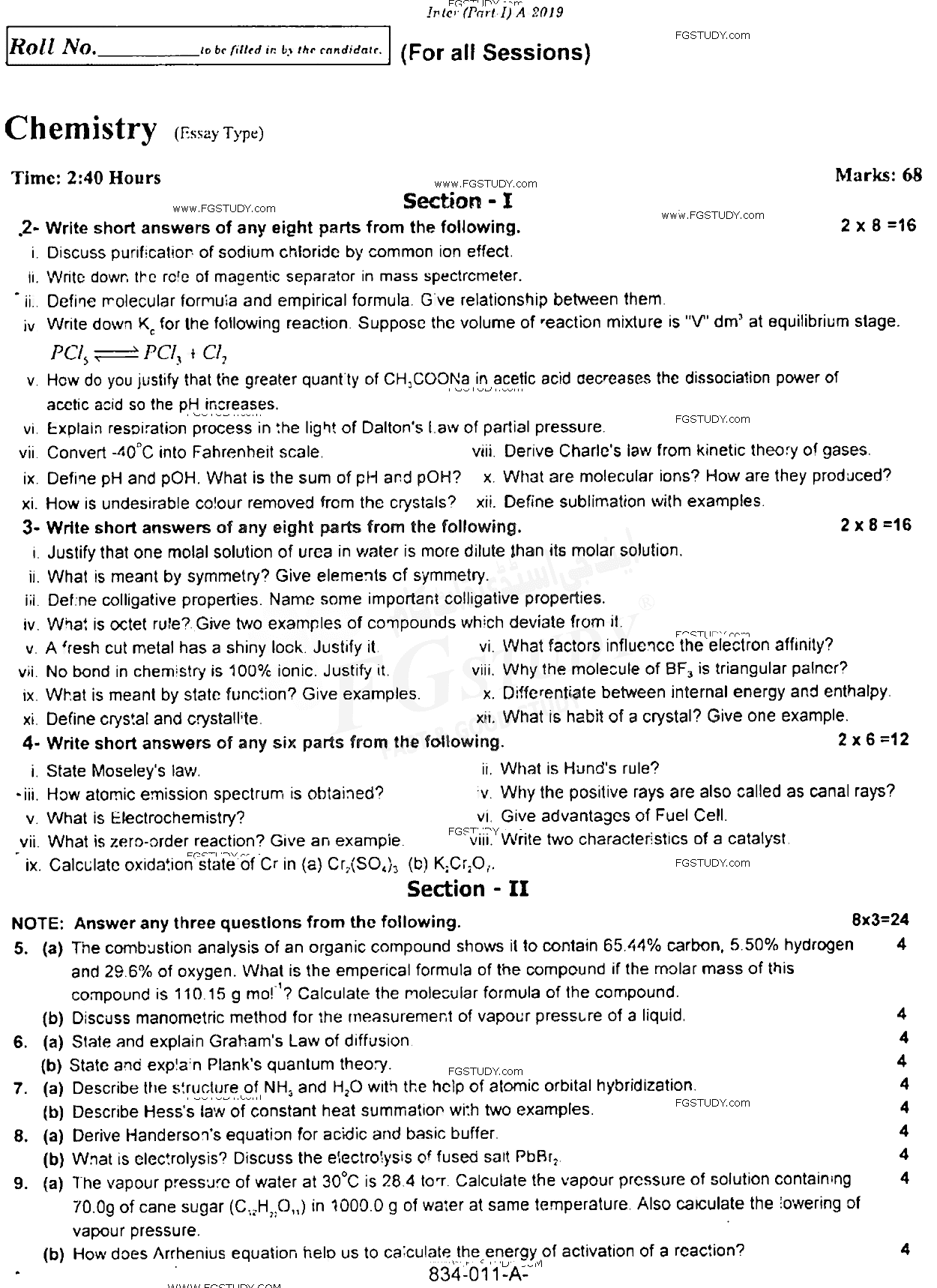 11th Class Chemistry Past Paper 2019 Rawalpindi Board Subjective