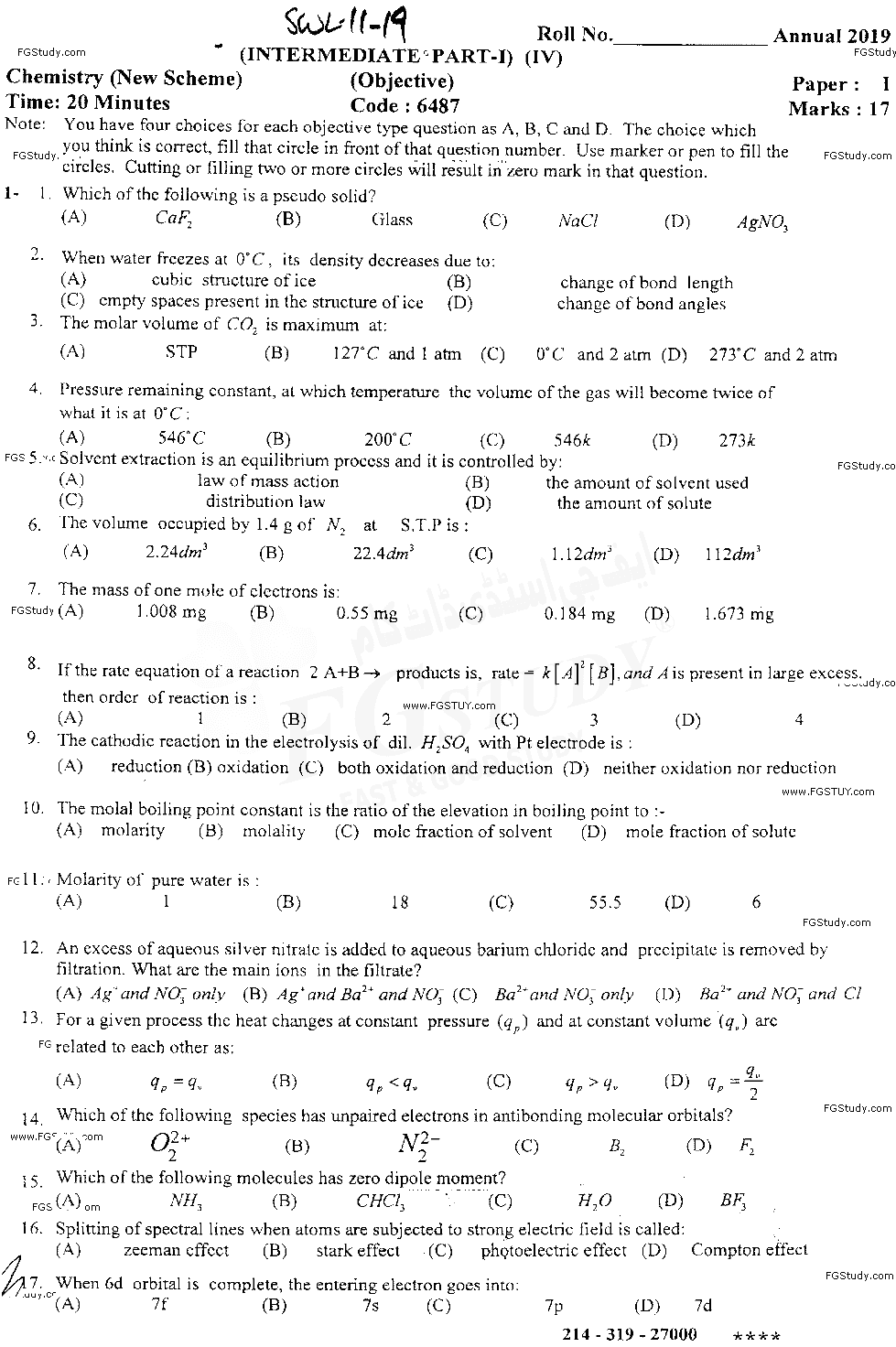 11th Class Chemistry Past Paper 2019 Sahiwal Board Objective