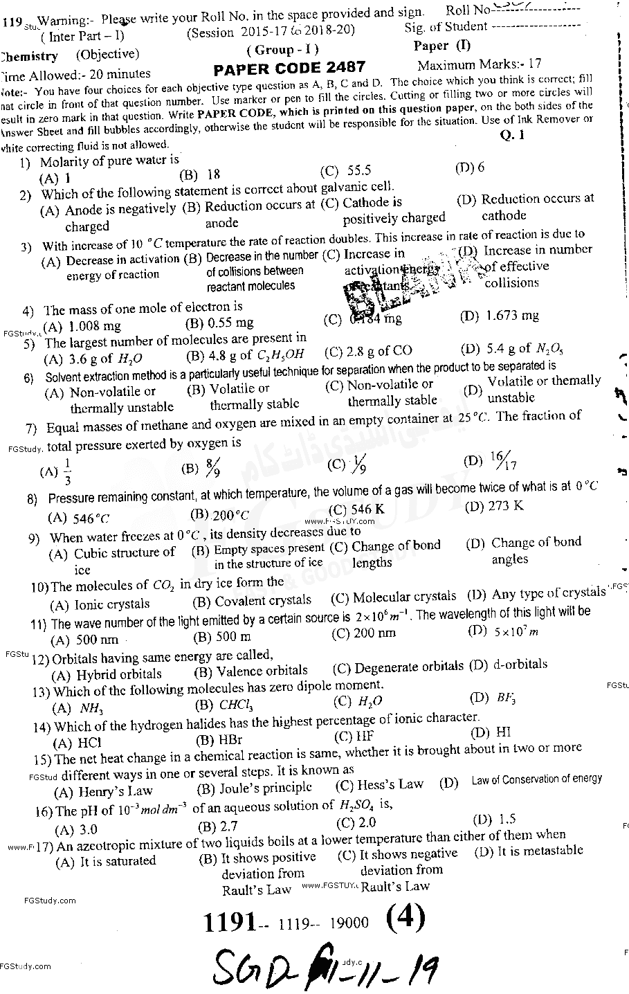 11th Class Chemistry Past Paper 2019 Sargodha Board Group 1 Objective