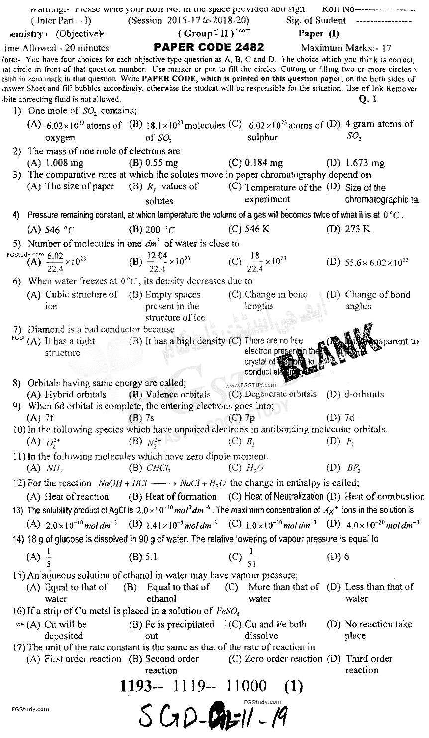 11th Class Chemistry Past Paper 2019 Sargodha Board Group 2 Objective